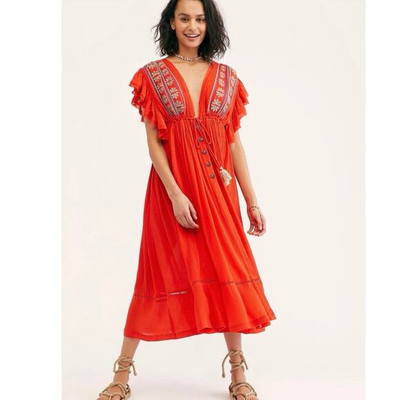 Free People Will Wait For You Midi Dress Red Size Large - Picture 1 of 12